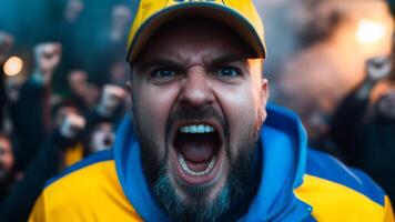 Passionate sports fan celebrating victory in vibrant crowd during night event photo