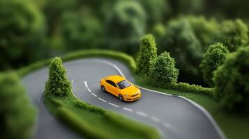 Yellow car navigating a winding road through lush green landscape during bright daylight with blurred background photo