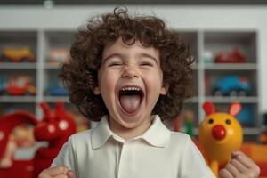 Joyful child expressing happiness in a playful indoor environment with colorful toys during daytime photo