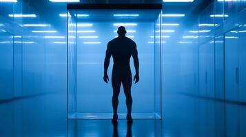 Shadowed figure standing in a glass enclosure in a high-tech urban environment at dusk photo