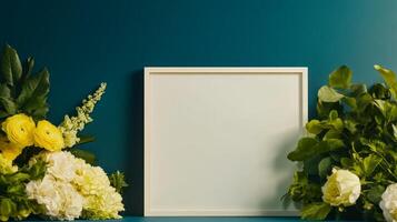 Bright floral arrangement with empty frame on teal background for creative design or decoration ideas photo