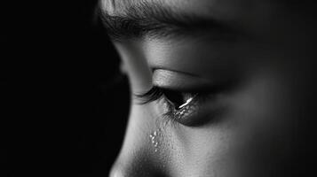 Close-up of a child's eye reflecting emotion with a tear highlighting sensitivity and innocence in black and white photo