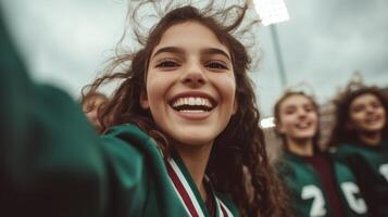 Excited cheerleader celebrating at a high school sports event during an overcast day with friends in the background photo