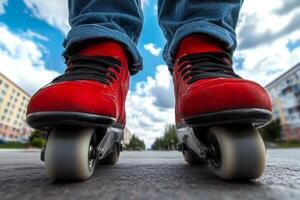 Roller skater on urban street in vibrant red skates against a backdrop of blue sky and clouds during daylight photo