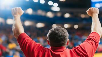 A passionate supporter raises arms in excitement, cheering for their team during a thrilling sports event in a vibrant arena filled with fans, capturing the joy of victory photo