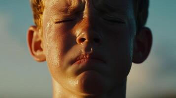 Child expressing emotion with tears under sunset sky revealing deep feelings and vulnerability in natural light photo