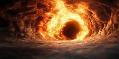 Fiery vortex creating an intense atmosphere in a dark cavern during a dramatic moment photo
