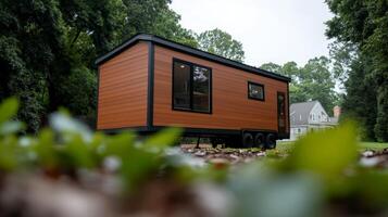 Modern tiny house on wheels surrounded by greenery in a residential area photo