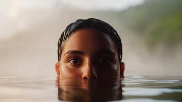 Young person immersed in serene water, with steam rising in a tranquil natural setting during sunrise photo