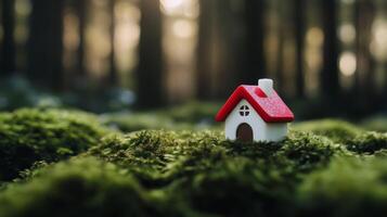Miniature house on lush green moss surrounded by trees in a serene forest setting photo