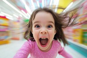 Child expressing joy while running in a colorful toy store during daytime, showcasing excitement and playfulness in a vibrant setting photo