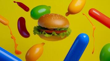 Colorful burger with playful condiments and vibrant background creating a fun, appetizing atmosphere photo