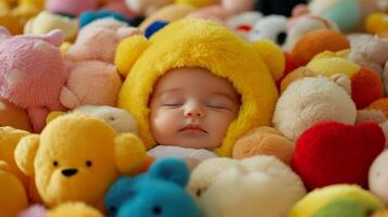 Baby sleeping peacefully in a cozy nest of colorful plush toys in a bright indoor setting photo