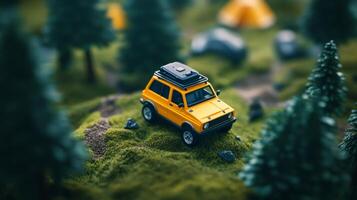 Miniature yellow car parked on a mossy terrain among pine trees and camping tents during daylight photo