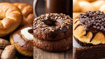 Indulgent assortment of freshly baked pastries and desserts on rustic wooden background photo