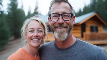 Couple enjoying a smiling moment outdoors in front of a cozy cabin in the woods during twilight hours photo
