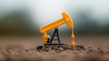 Miniature oil pump jack model on sandy terrain during cloudy weather showcasing energy production and resource extraction photo