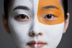 Facial paint artistry showcasing a dual color design on a model's face during a creative makeup session photo
