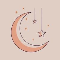 Crescent moon with stars illustration in orange and purple on a beige background hanging vector