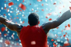 Celebration of victory in athletics with confetti falling at a sports stadium photo