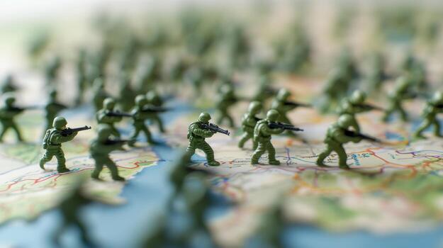 Toy soldiers advancing across a detailed map representing strategic military movements and planning in a playful battle scenario photo