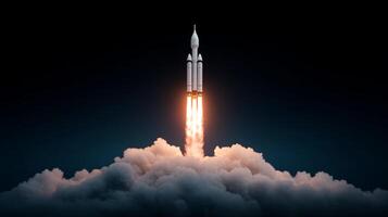 Rocket launching into space with fiery exhaust and billowing clouds at night photo