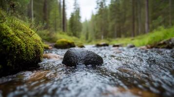 Serene landscape of a flowing river surrounded by lush forest in the early morning light photo