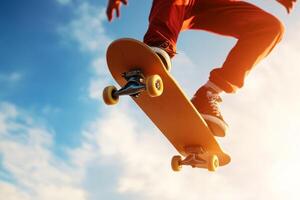 Young skateboarder performing tricks against a vibrant blue sky during late afternoon hours in an urban skate park photo