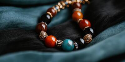 Elegant handcrafted beaded necklace displayed on soft fabric in a stylish setting with rich colors photo