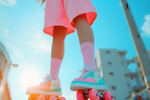 Young girl skating on retro roller skates in vibrant city setting during sunny afternoon photo