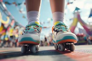 Brightly colored roller skates glide over a lively carnival ground filled with festive decorations and joyous crowds on a sunny day, showcasing the spirit of fun and leisure photo