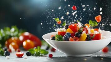 Fresh vegetable and fruit salad bursting with colors and flavors on a vibrant kitchen table during bright daylight photo