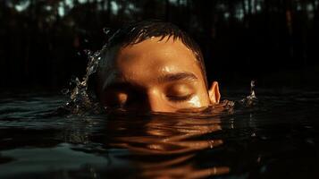 Swimmer submerged in water during sunset capturing the tranquility of nature and personal reflection photo