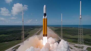 Rocket launch during daylight at a coastal launch site, showcasing powerful ignition and ascent into the sky photo