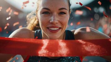 Smiling female athlete celebrating victory at the finish line after a race surrounded by confetti photo
