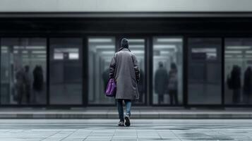 Walking through a quiet urban space with reflective glass surfaces during early morning hours photo