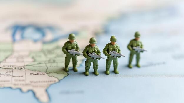 Small plastic soldiers in green uniforms hold guns on a geographical map, symbolizing military strategy and operations centered photo