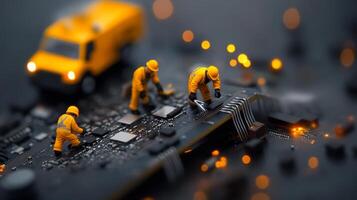 Miniature workers performing maintenance on a circuit board with a truck in the background while yellow lights illuminate the environment photo