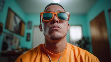 Confident young man wearing orange sunglasses in a vibrant room displaying a modern lifestyle at home photo