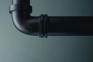 Black plastic plumbing pipe fitting against a dark background highlighting curves and angles of the plumbing design photo