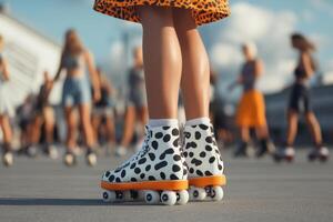 Stylish roller skater stands out with unique polka dot skates at sunny outdoor rink surrounded by active friends photo