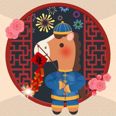 Cute horse holding firecrackers with red wooden window frames and celebratory fireworks in the background