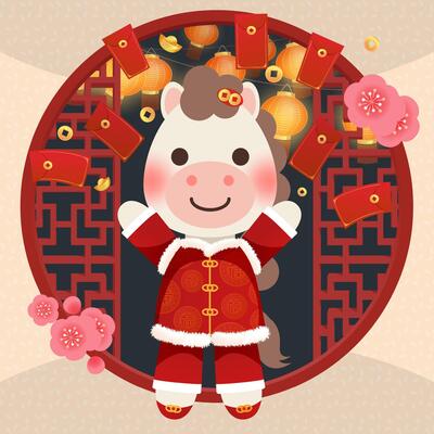 A cute horse is distributing red envelopes, with red wooden window frames and lanterns in the background