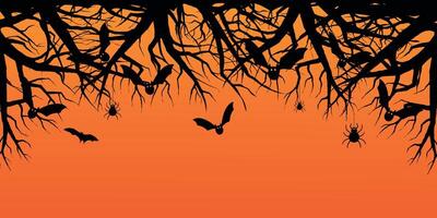 Halloween Background Banner or Poster with black Tree Pattern, Bat, Spider on the orange Sky background. Halloween Spooky Nighttime Horizontal Banner. Scary Party Template Illustration for Text vector