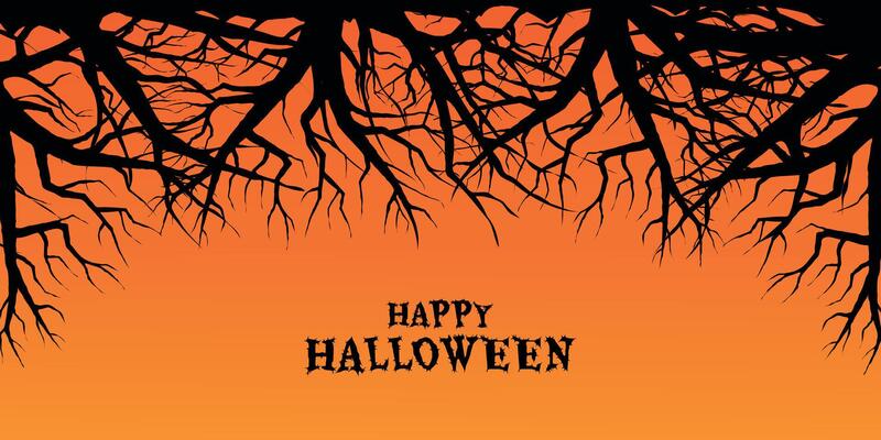 Halloween Background, Banner or Poster with black Tree Pattern on the orange Sky background. Halloween Spooky Nighttime Horizontal Banner. Scary Party Template Illustration for Text Web Social.