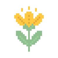 Cute pixel art yellow flower with green leaves isolated on white background vector