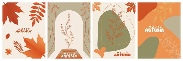 Doodle autumn greeting cards set with leaves, floral plants, abstract style, perfect for posters, banners, templates, ads, and labels vector
