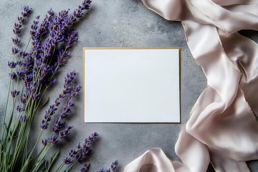 Blank Card With Lavender Flowers and Satin Ribbon on a Textured Surface photo