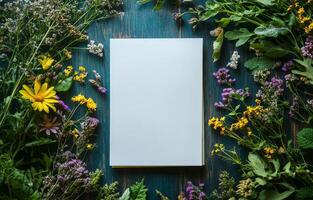 Colorful Flowers Surround Blank Paper on Dark Wooden Surface for Creative Projects photo