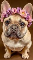 French Bulldog Wearing Floral Crown in Studio Setting While Sitting Gracefully. photo